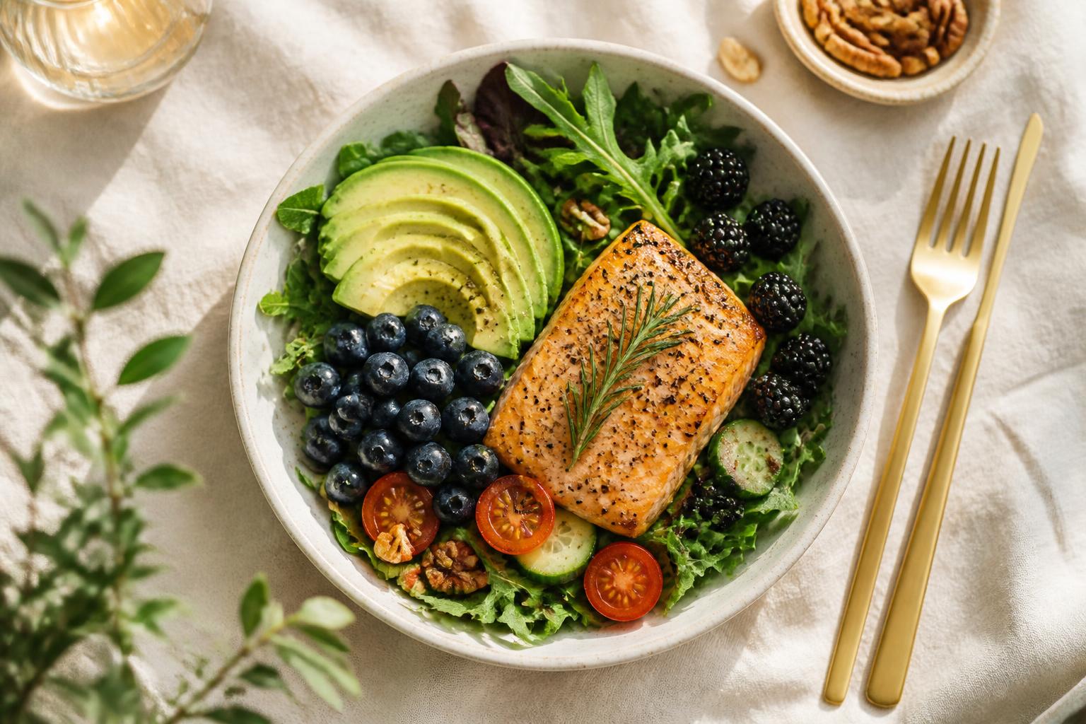 A plated bowl of salmon, leafy greens, avocado, and berries